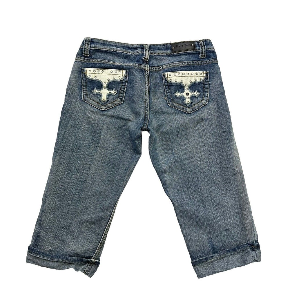 Friction Jeans Juniors 5 Blue Denim Capri Cuffed Low Rise Cropped Rhinestones